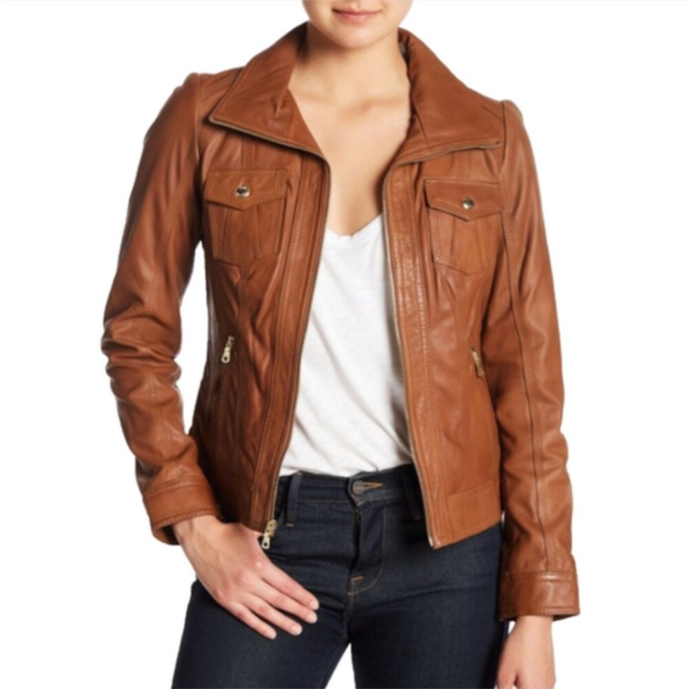 Guess Brown Whiskey Leather Biker Jacket